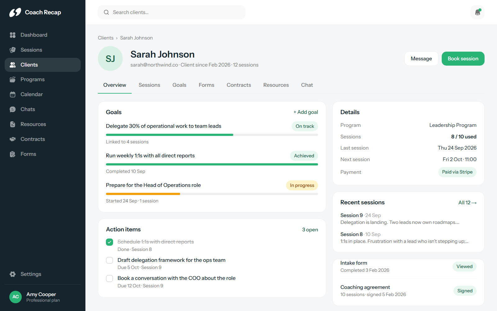 The Coach Recap client profile with sessions, goals and action items, the part of the product Paperbell doesn’t have