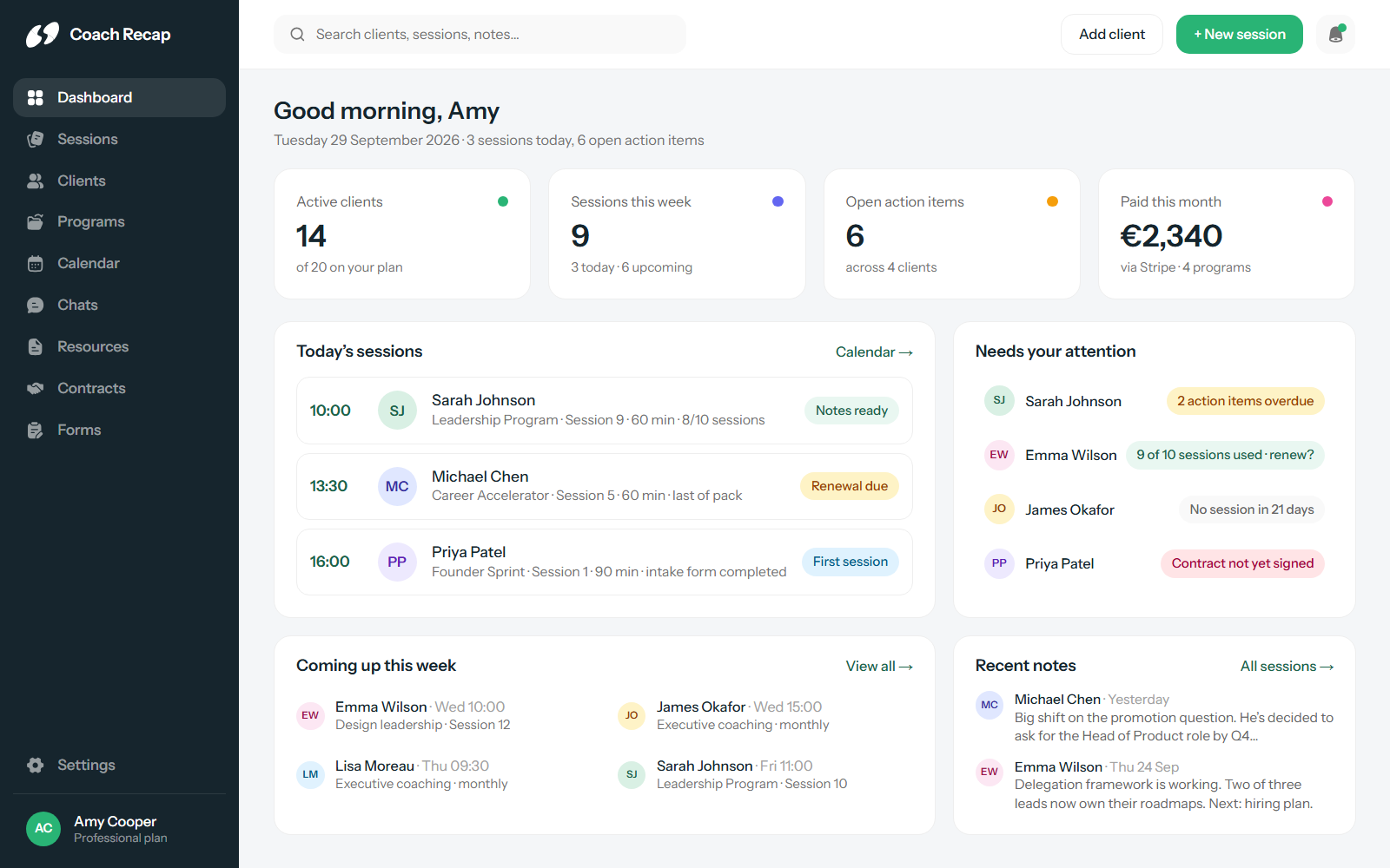 The Coach Recap dashboard showing today’s sessions, active clients and pending action items