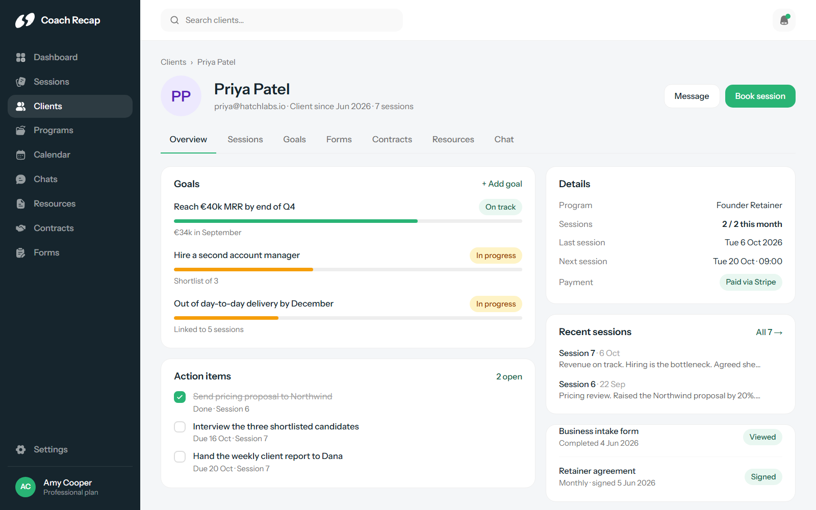 A business coache’s client profile in Coach Recap with goals, action items and session history