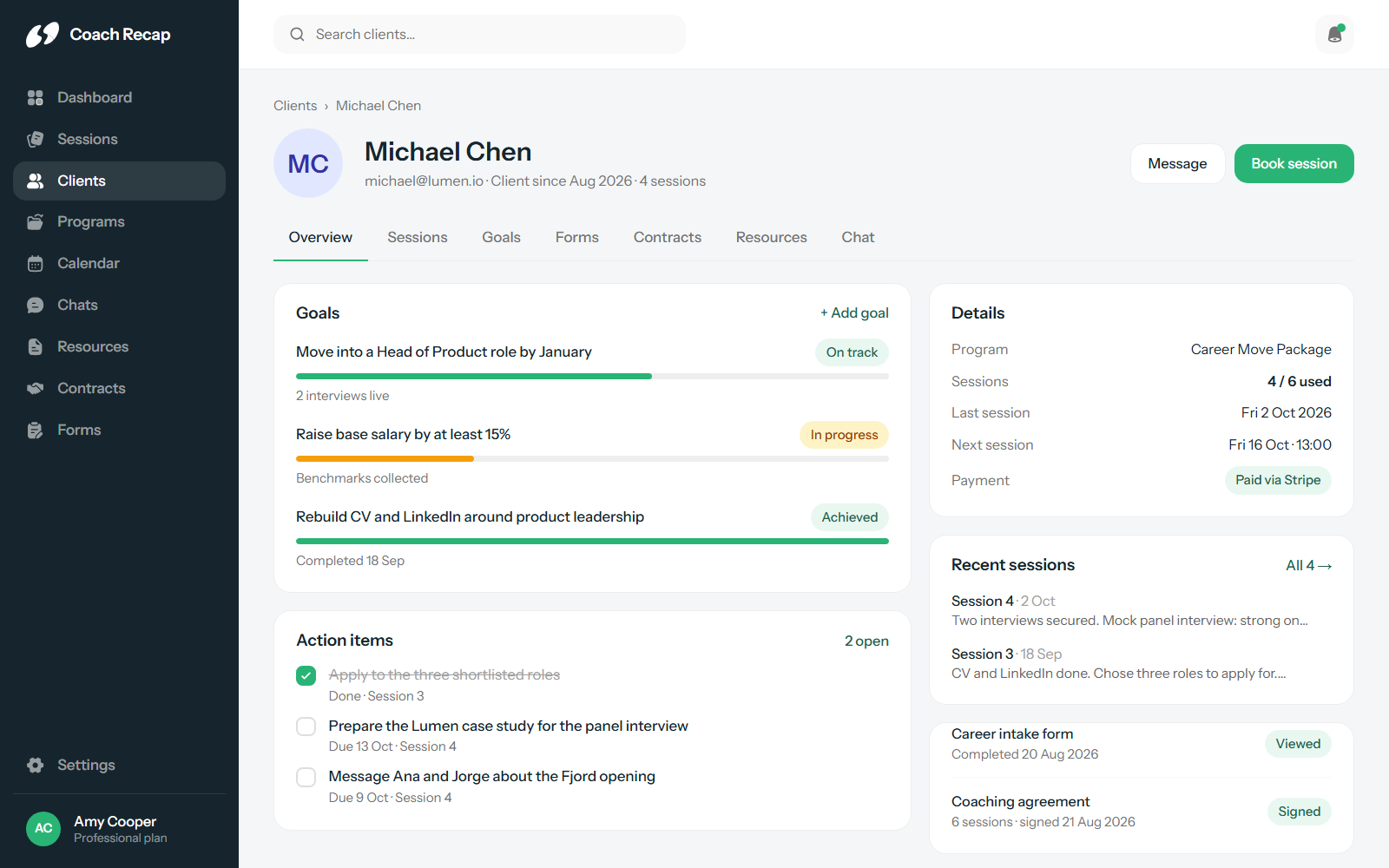 A career coache’s client profile in Coach Recap with goals, action items and session history
