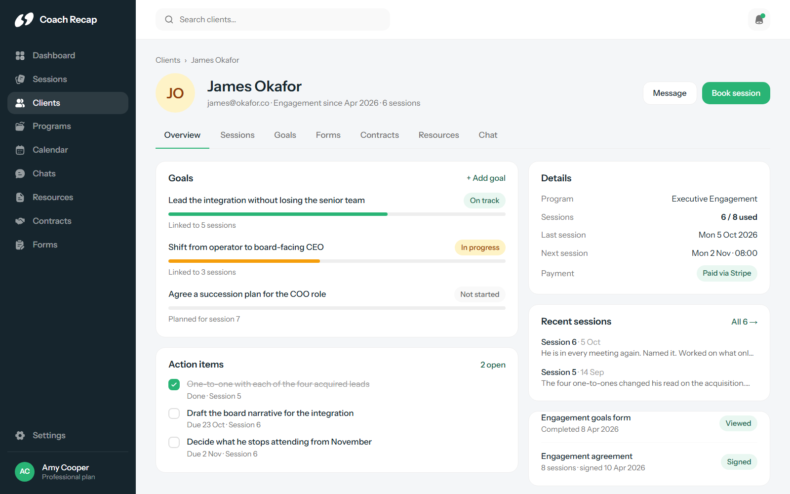 A executive coache’s client profile in Coach Recap with goals, action items and session history