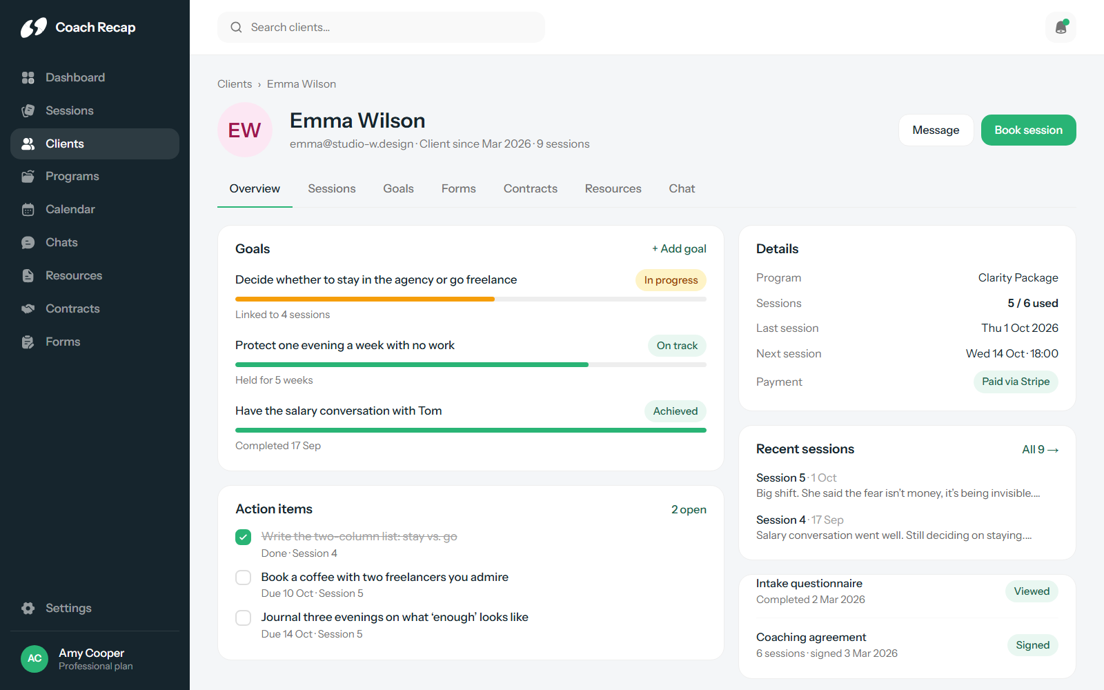 A life coache’s client profile in Coach Recap with goals, action items and session history