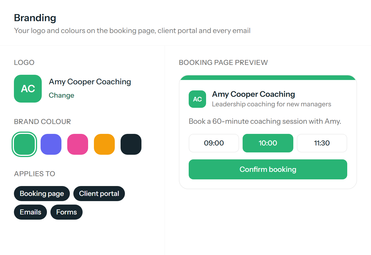 Brand settings with logo and colour choice, and a preview of the branded booking page