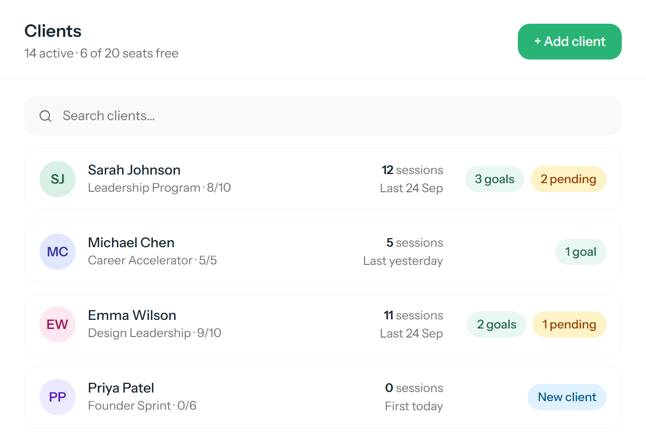 The Coach Recap client list showing each client's program, session count, last session and pending action items