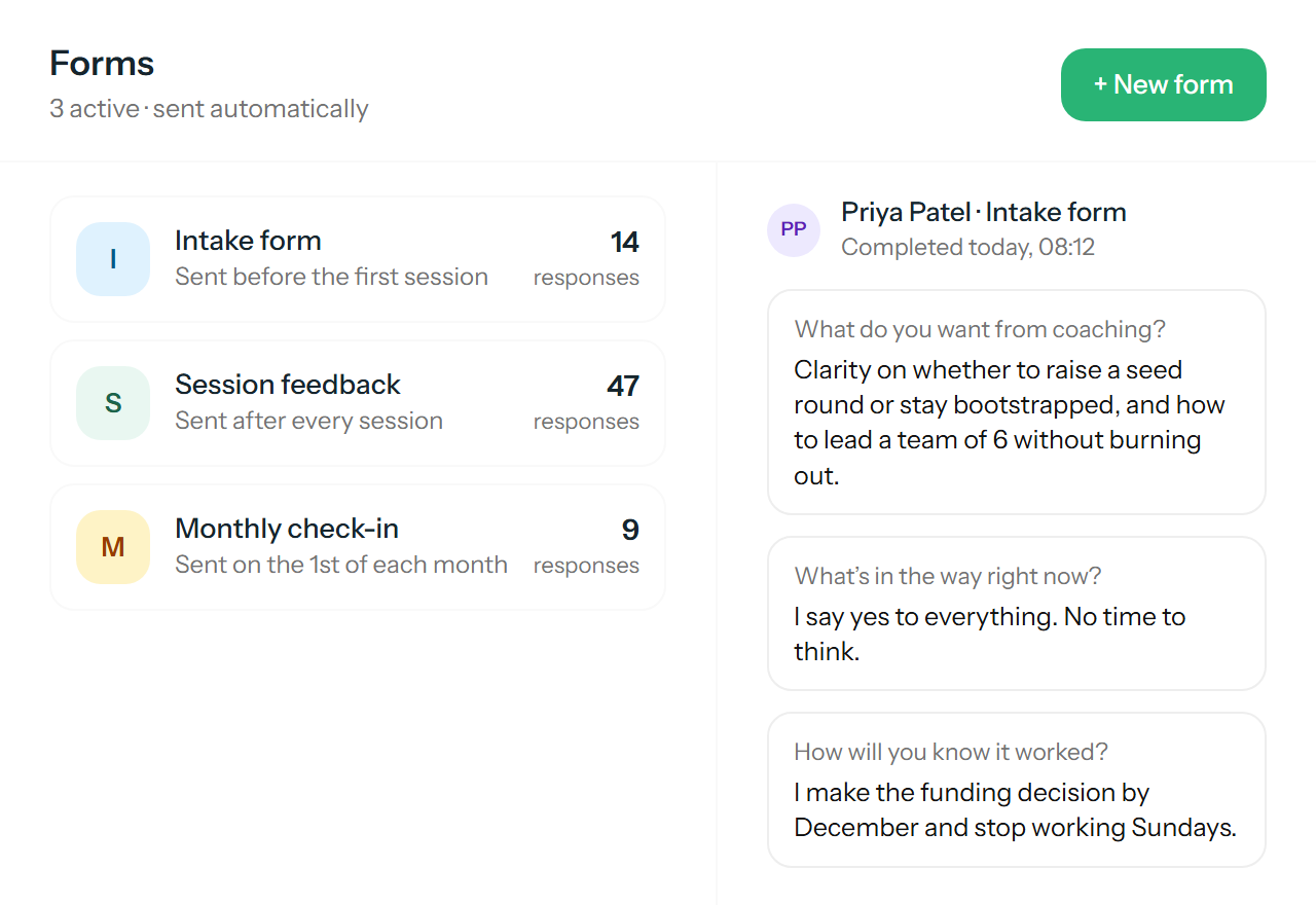 Three automated forms with response counts, and a new client's completed intake form answers