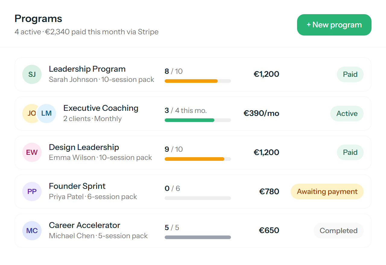 Programs list with session packs and a subscription, sessions used, price and payment status