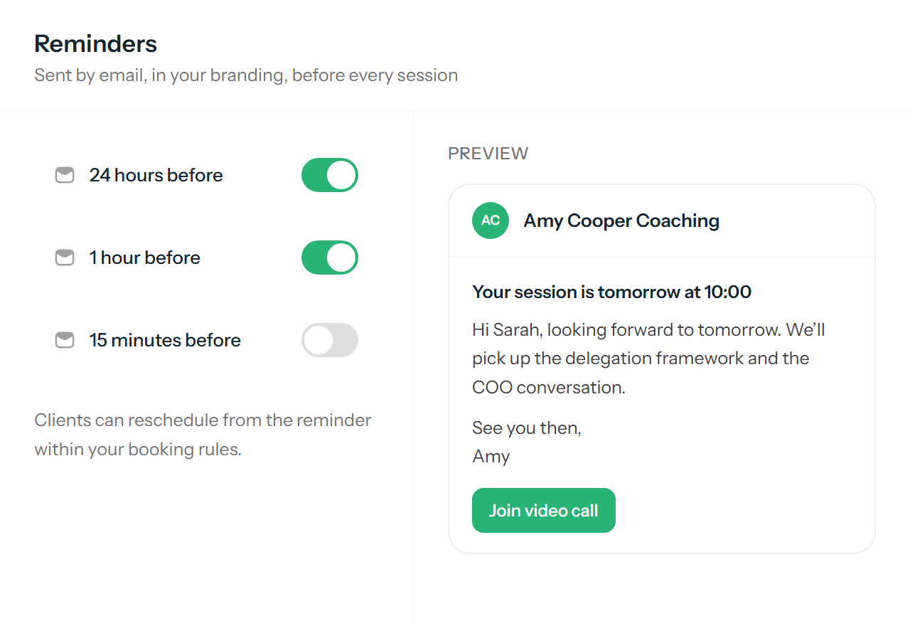 Reminder timing toggles next to a preview of the branded reminder email a client receives