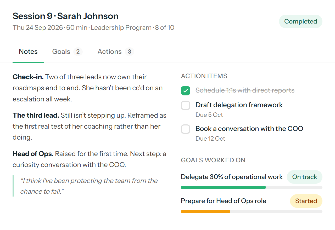 A completed session with structured notes on the left and action items with due dates on the right