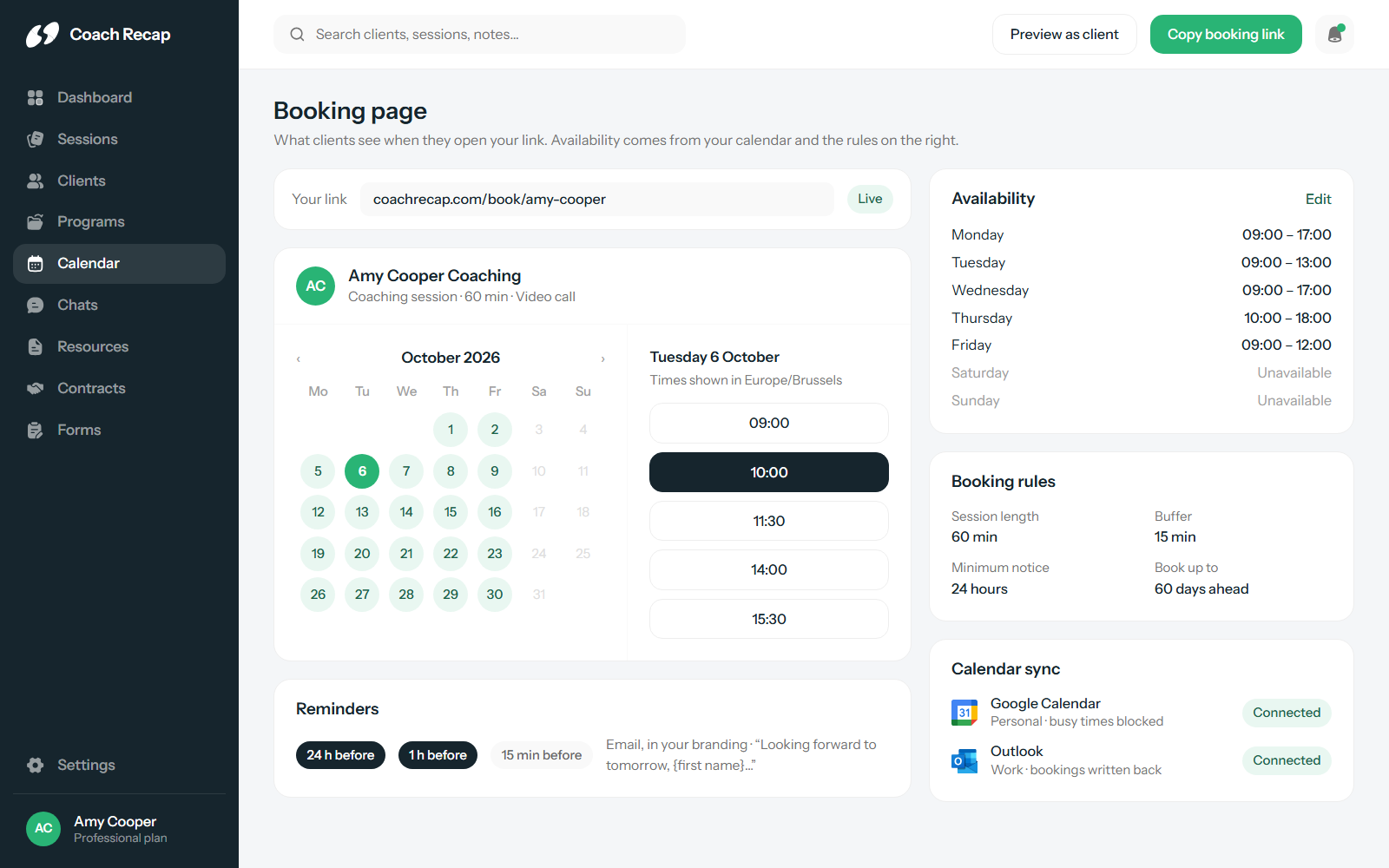A Coach Recap booking page with available time slots, next to the coach’s availability and reminder settings